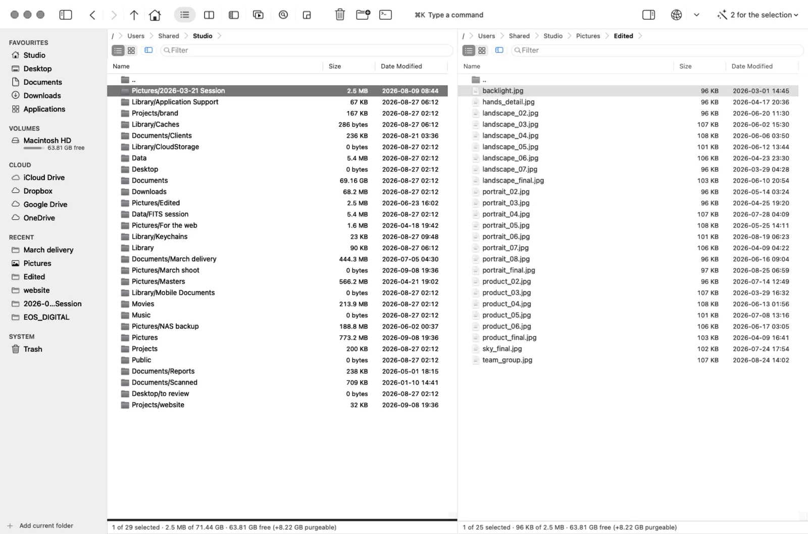 The size report, folder by folder.