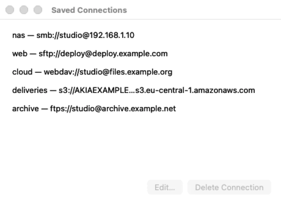 A connection is saved under the name you give it.